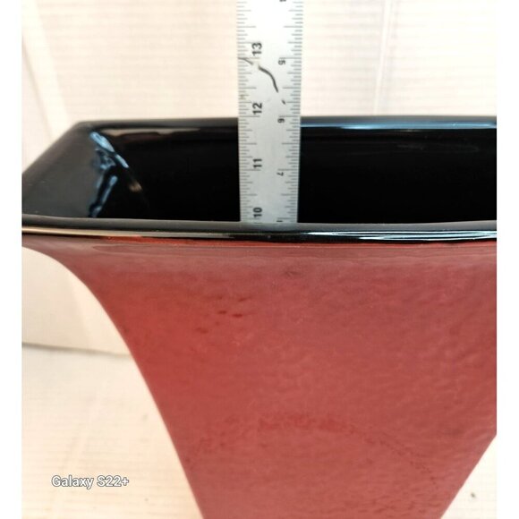 Red Textured Ceramic Vase With Glossy Black Interior Rectangular Flared Design 1 - Picture 3 of 16